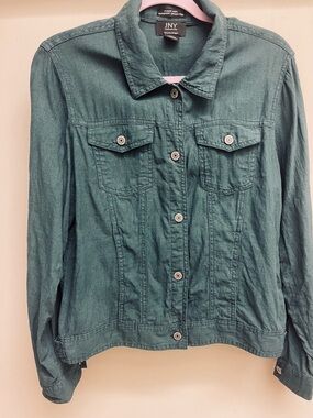 JONES NEW YORK 100% LINEN Green CROPPED TRUCKER JACKET FRONT POCKET Size L